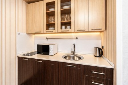 Кухонная зона в номере Люкс с кухней в отеле Автор Люблино