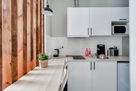 Кухонный уголок в студии 1 в апартаментах Home Like на Эйнштейна