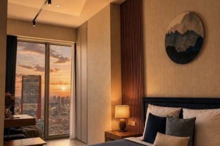 Двуспальная кровать в апартаментах 54-7 в Москва-Сити