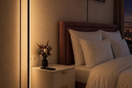 Кровать в апартаментах 54-3 в Москва-Сити